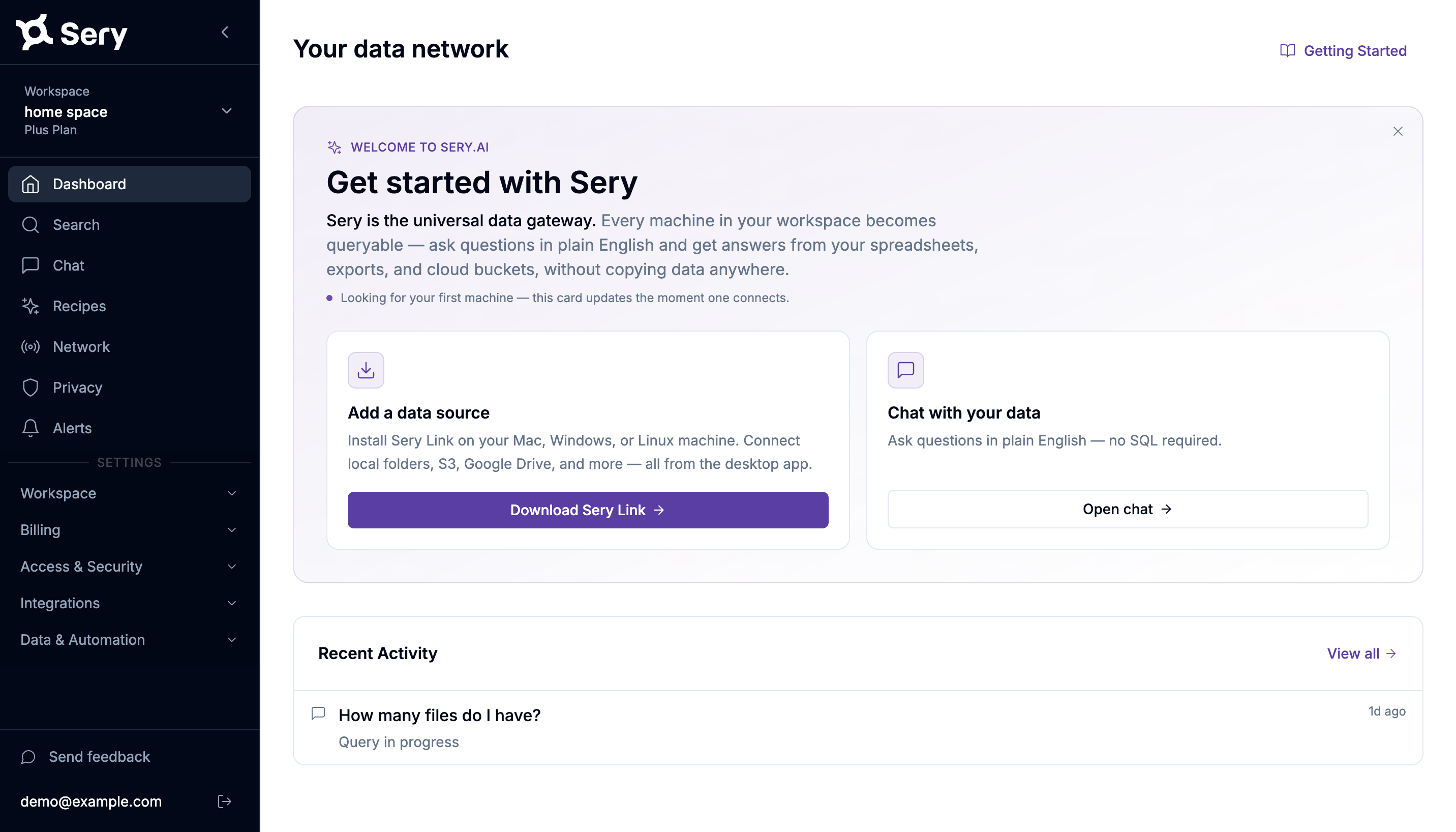Sery web dashboard — AI chat across your connected sources