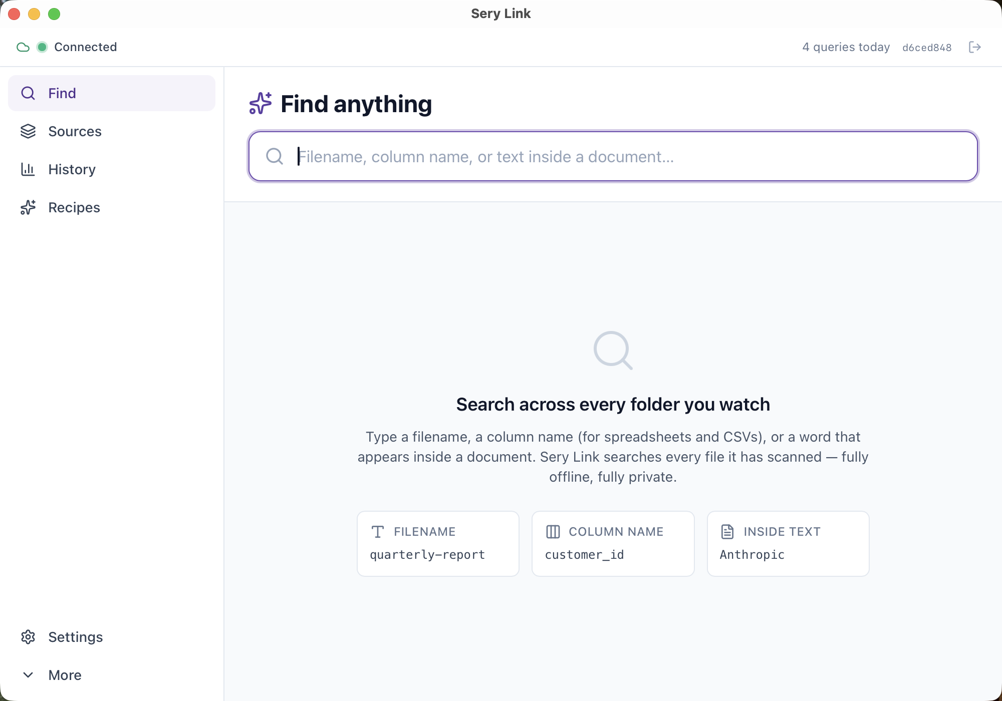 Sery Link — Find anything screen showing filename, column name, and inside-text search