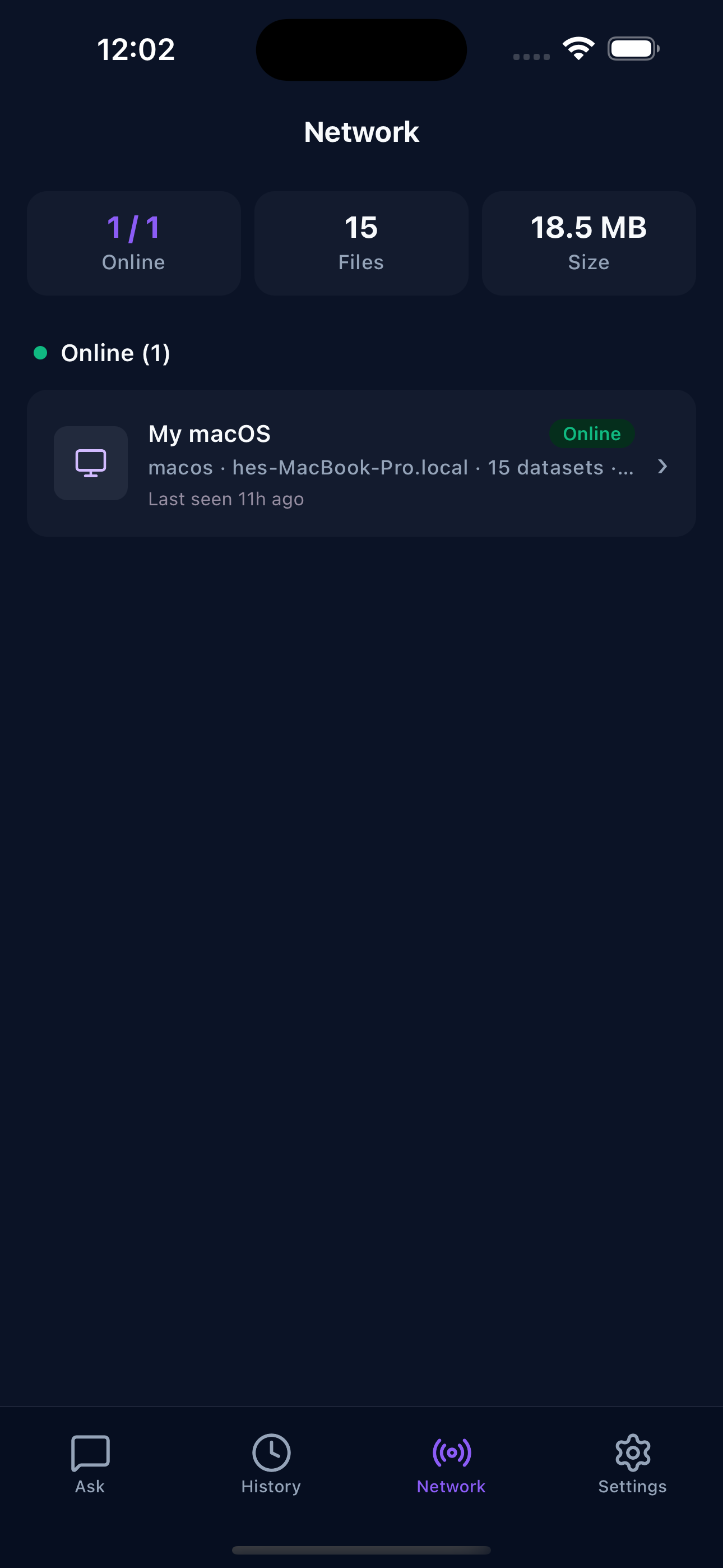 Sery Snap — Network screen showing connected macOS machine